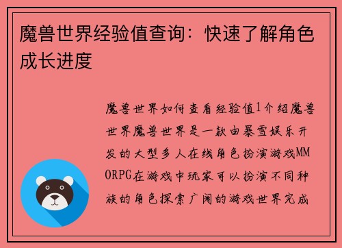 魔兽世界经验值查询：快速了解角色成长进度